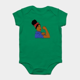 Black Woman Rosie The Riveter Afro Puff Baby Bodysuit